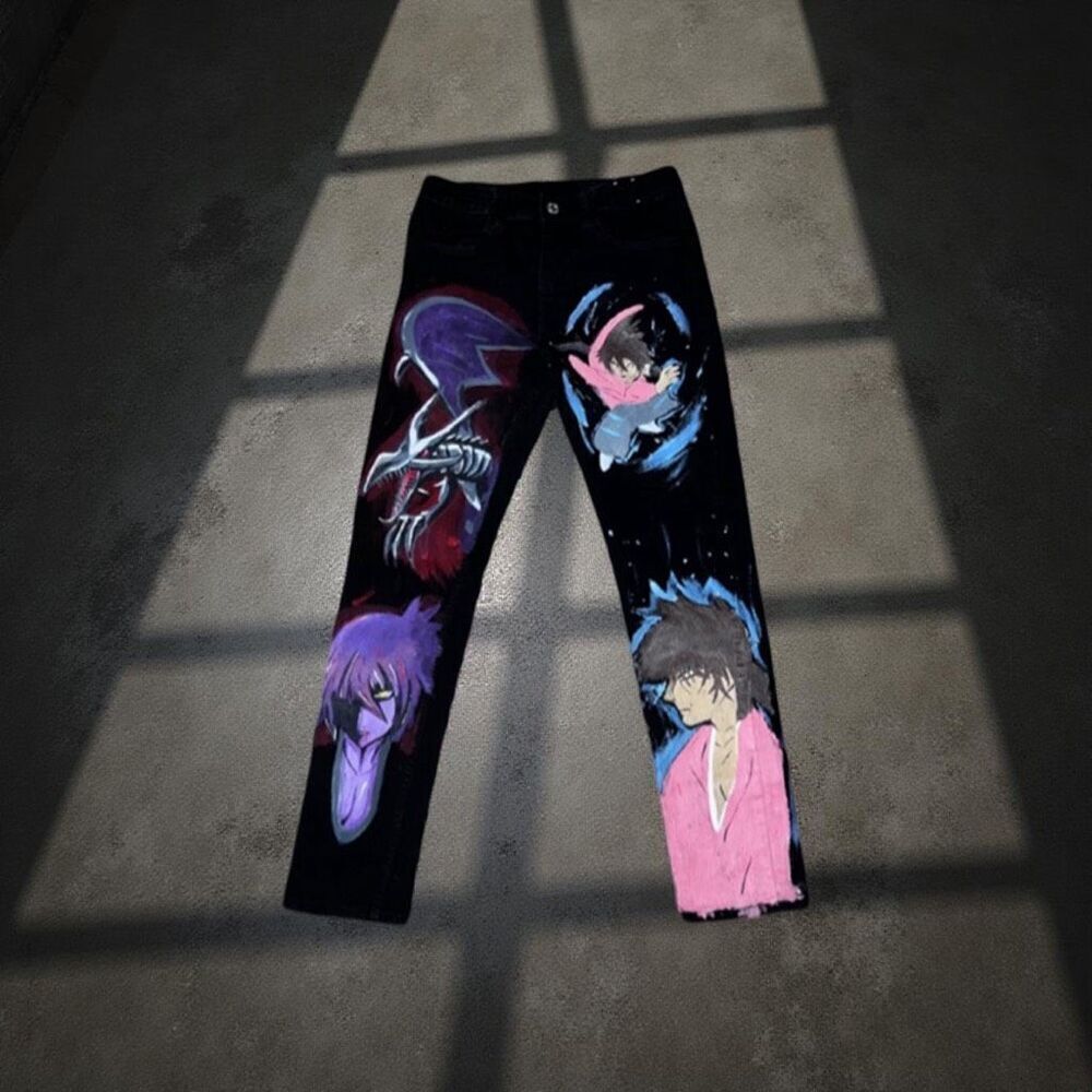 OOAK Unique Kids Hand Painted Anime Adjustable Black Jeans 23x25